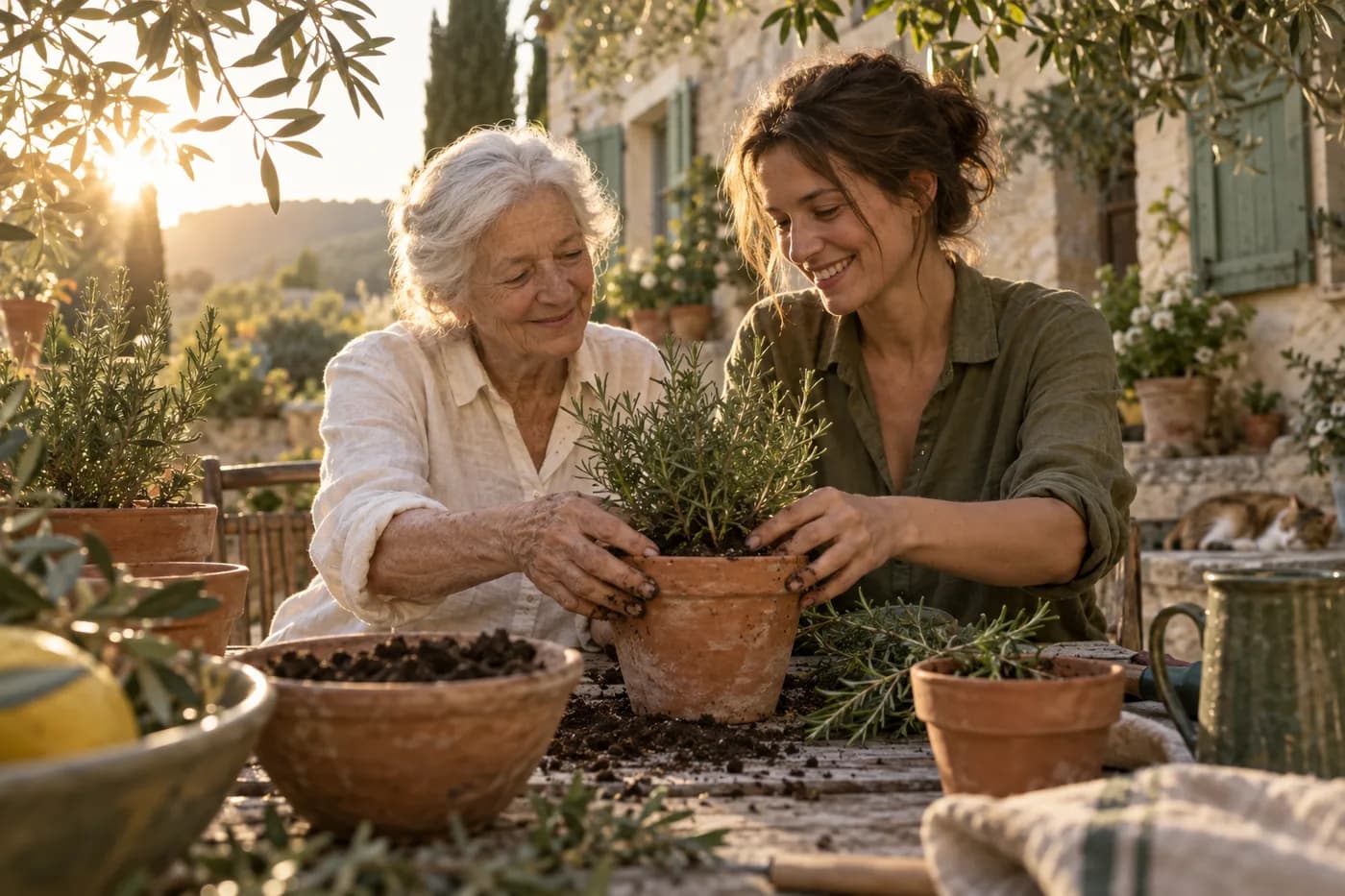 Un moment de jardinage partagé autour d’un pot de romarin, scène d’illustration