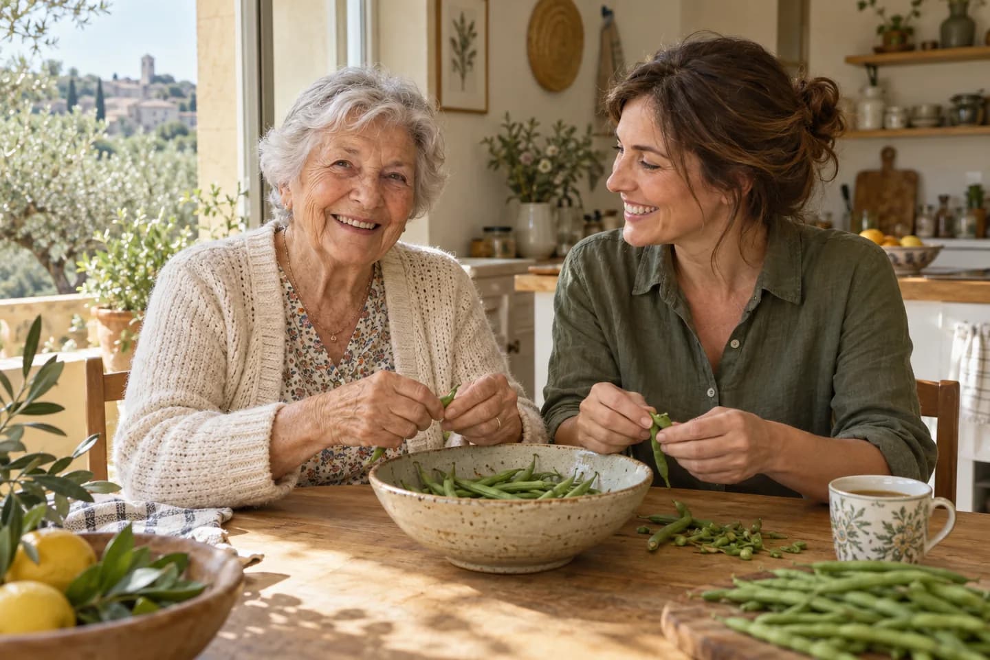 Préparation d’un repas à deux dans une cuisine chaleureuse, scène d’illustration